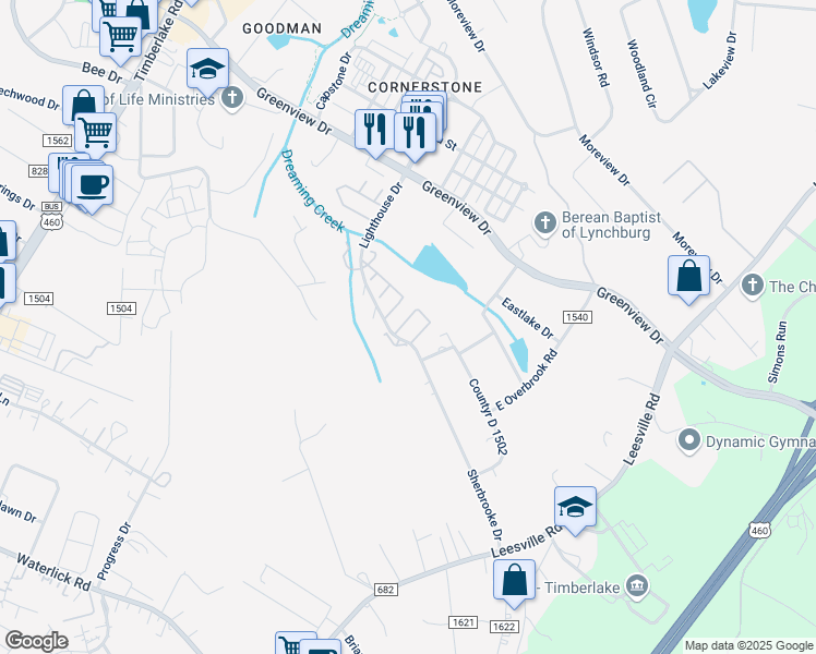map of restaurants, bars, coffee shops, grocery stores, and more near 33 Cape Charles Square in Lynchburg