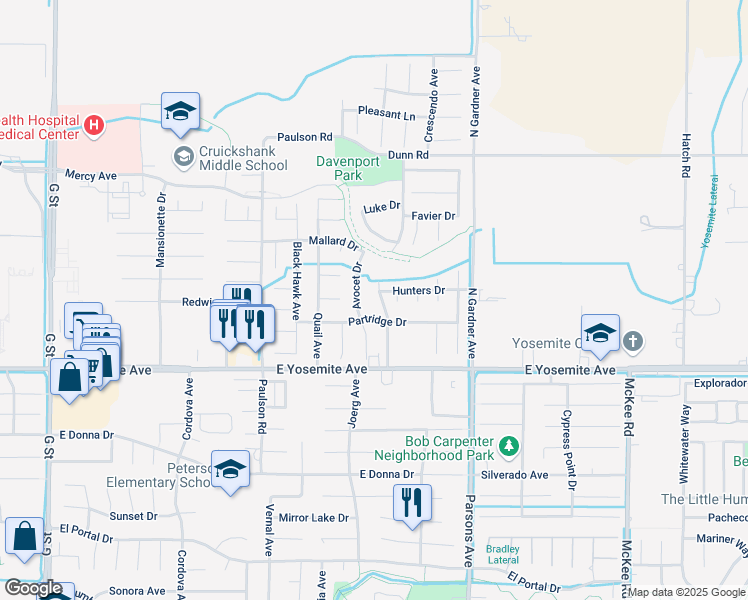 map of restaurants, bars, coffee shops, grocery stores, and more near 3745 White Dove Avenue in Merced