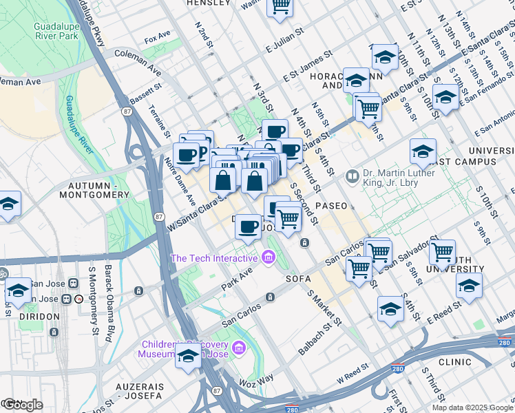 map of restaurants, bars, coffee shops, grocery stores, and more near 30 South Market Street in San Jose