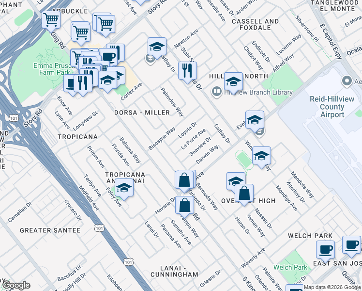 map of restaurants, bars, coffee shops, grocery stores, and more near 1796 Loyola Drive in San Jose