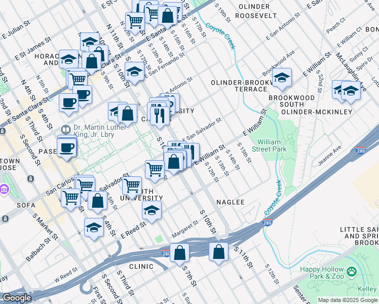 map of restaurants, bars, coffee shops, grocery stores, and more near 406 South 11th Street in San Jose