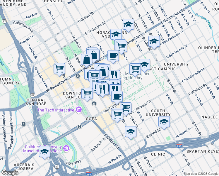 map of restaurants, bars, coffee shops, grocery stores, and more near 113 South 4th Street in San Jose