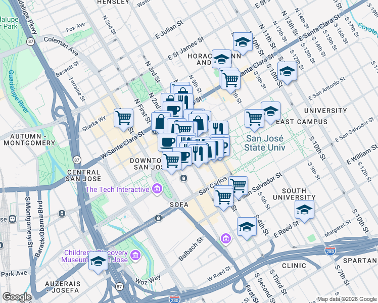 map of restaurants, bars, coffee shops, grocery stores, and more near in San Jose