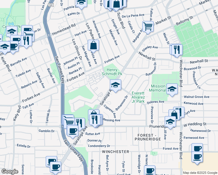 map of restaurants, bars, coffee shops, grocery stores, and more near 36A Los Padres Boulevard in Santa Clara