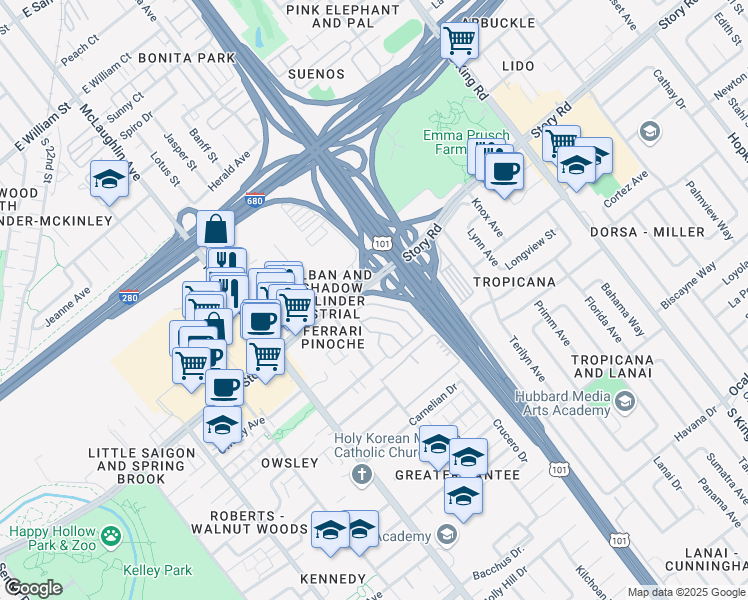 map of restaurants, bars, coffee shops, grocery stores, and more near 1422 Sunbeam Circle in San Jose
