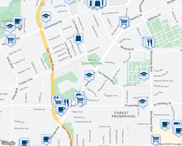 map of restaurants, bars, coffee shops, grocery stores, and more near 36A Los Padres Boulevard in Santa Clara