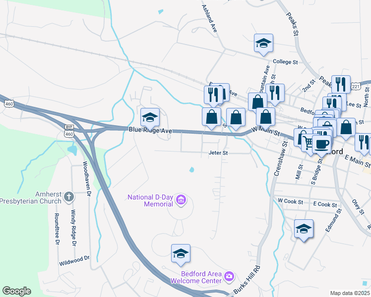 map of restaurants, bars, coffee shops, grocery stores, and more near 713 Spruce Street in Bedford