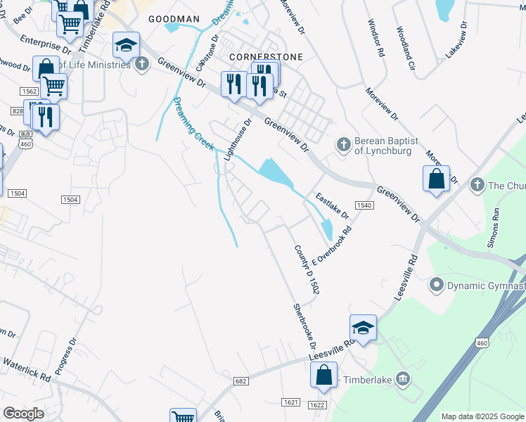 map of restaurants, bars, coffee shops, grocery stores, and more near 139 Cape Charles Square in Lynchburg
