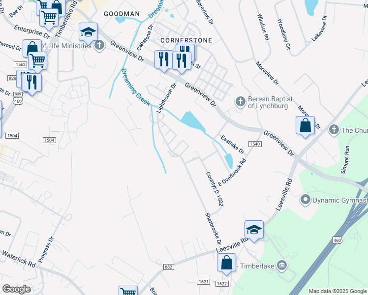 map of restaurants, bars, coffee shops, grocery stores, and more near 139 Cape Charles Square in Lynchburg