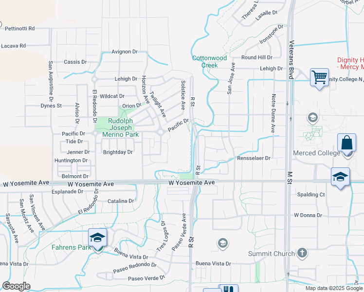 map of restaurants, bars, coffee shops, grocery stores, and more near 1240 Pacific Drive in Merced