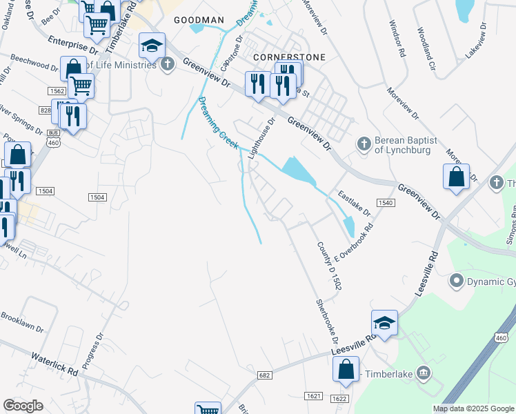 map of restaurants, bars, coffee shops, grocery stores, and more near 17 Beacon Court in Lynchburg