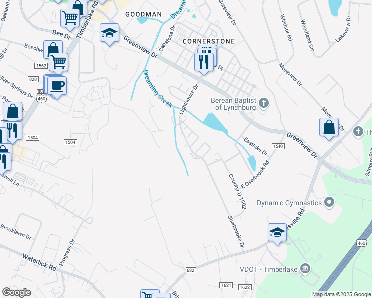 map of restaurants, bars, coffee shops, grocery stores, and more near 38 Beacon Court in Lynchburg