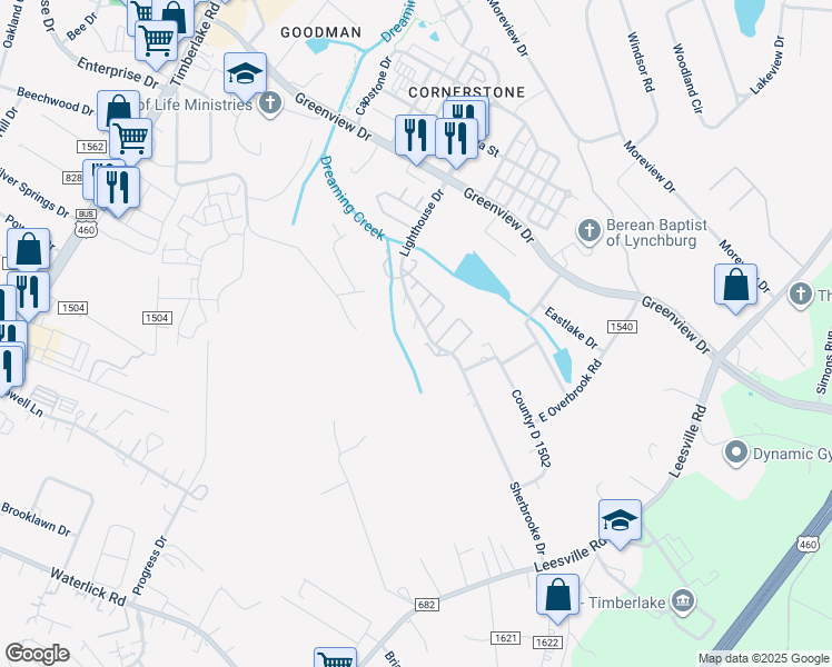 map of restaurants, bars, coffee shops, grocery stores, and more near 38 Beacon Court in Lynchburg