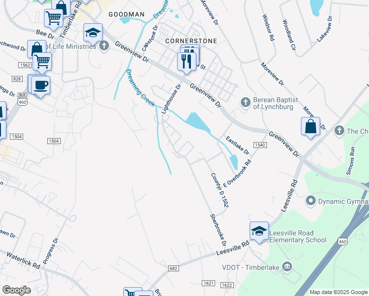 map of restaurants, bars, coffee shops, grocery stores, and more near 57 Cape Charles Square in Lynchburg