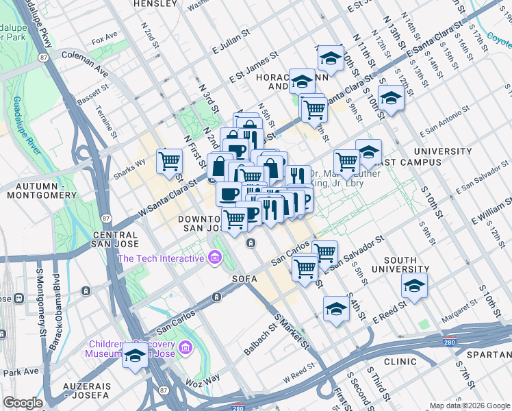 map of restaurants, bars, coffee shops, grocery stores, and more near in San Jose