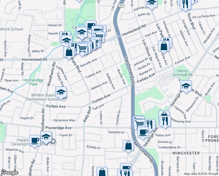 map of restaurants, bars, coffee shops, grocery stores, and more near 631 Wilson Court in Santa Clara