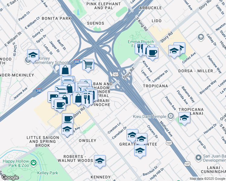 map of restaurants, bars, coffee shops, grocery stores, and more near 1422 Sunbeam Circle in San Jose