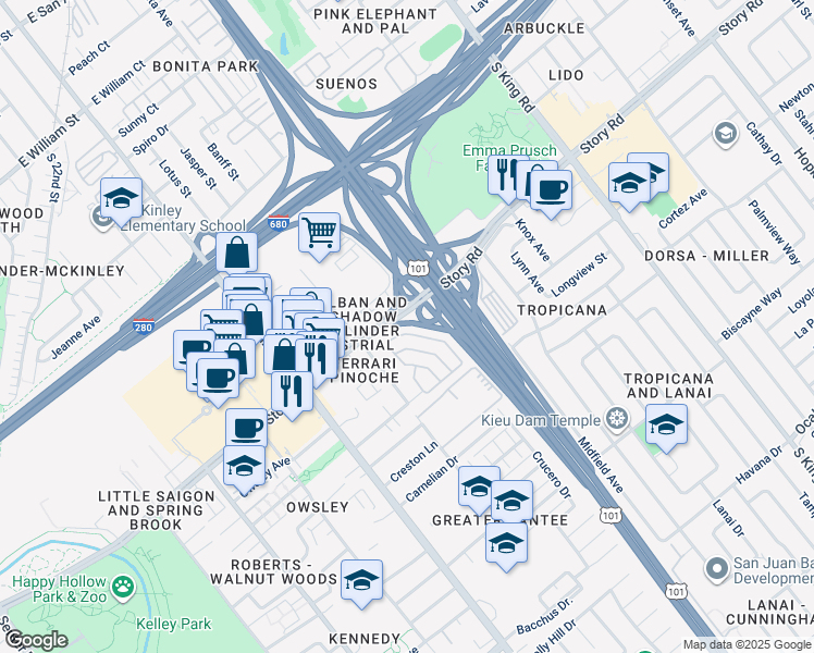 map of restaurants, bars, coffee shops, grocery stores, and more near 1422 Sunbeam Circle in San Jose