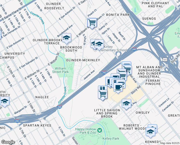 map of restaurants, bars, coffee shops, grocery stores, and more near 722 South 22nd Street in San Jose