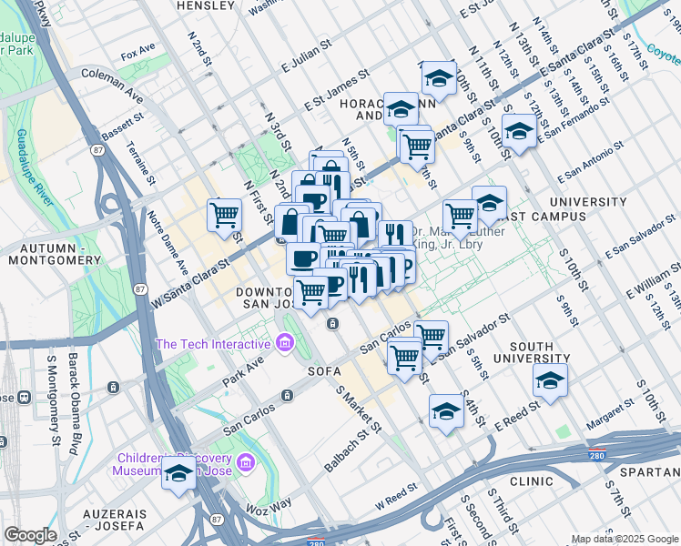 map of restaurants, bars, coffee shops, grocery stores, and more near in San Jose