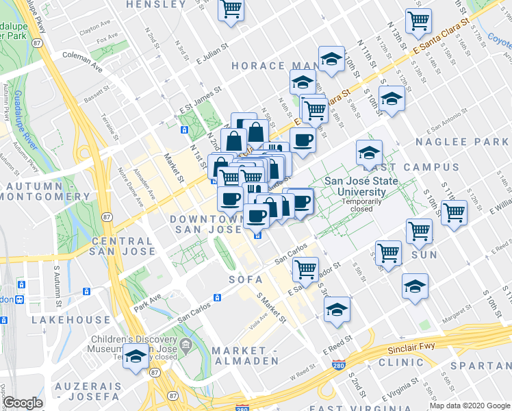 map of restaurants, bars, coffee shops, grocery stores, and more near in San Jose