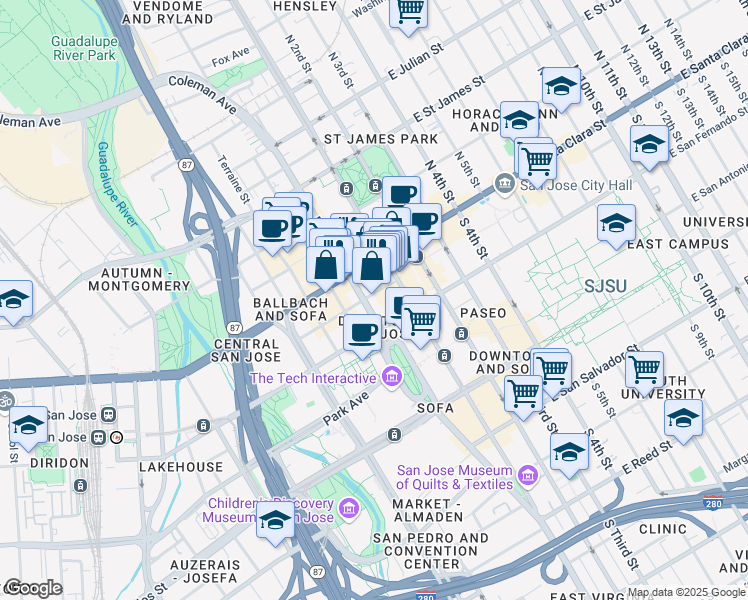 map of restaurants, bars, coffee shops, grocery stores, and more near in San Jose