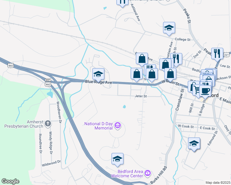 map of restaurants, bars, coffee shops, grocery stores, and more near 713 Spruce Street in Bedford
