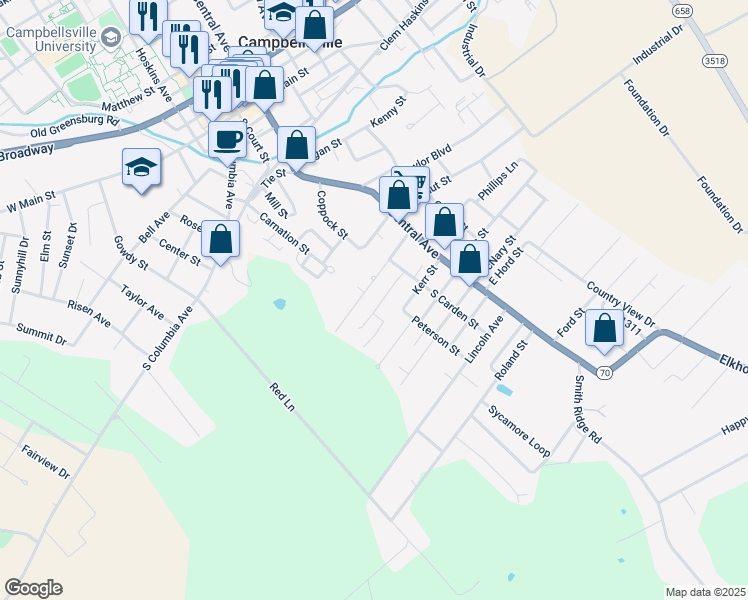 map of restaurants, bars, coffee shops, grocery stores, and more near 108 Eggers Street in Campbellsville