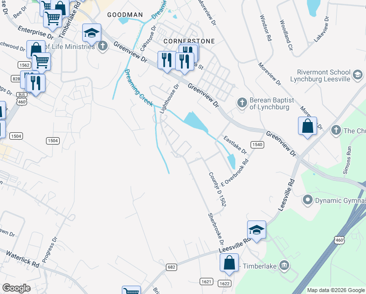 map of restaurants, bars, coffee shops, grocery stores, and more near 64 Cape Charles Square in Lynchburg