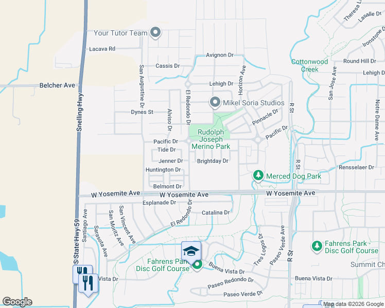 map of restaurants, bars, coffee shops, grocery stores, and more near 3749 Morningside Avenue in Merced