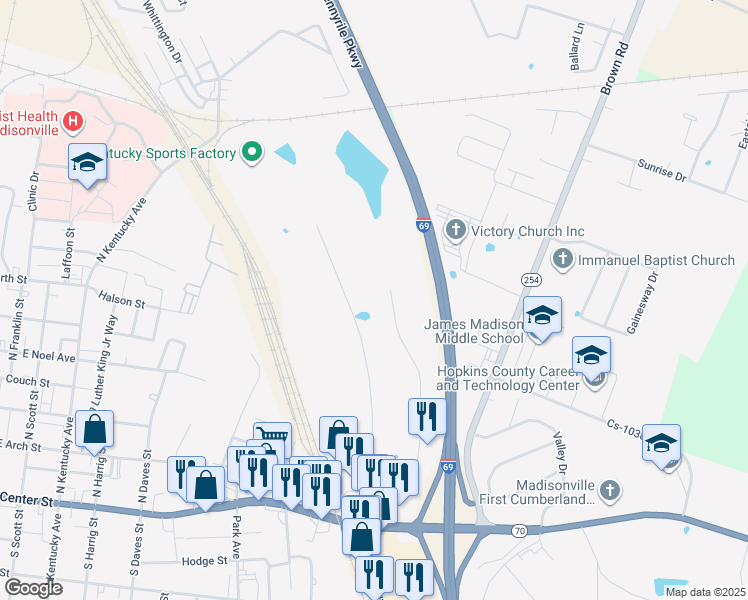 map of restaurants, bars, coffee shops, grocery stores, and more near in Madisonville