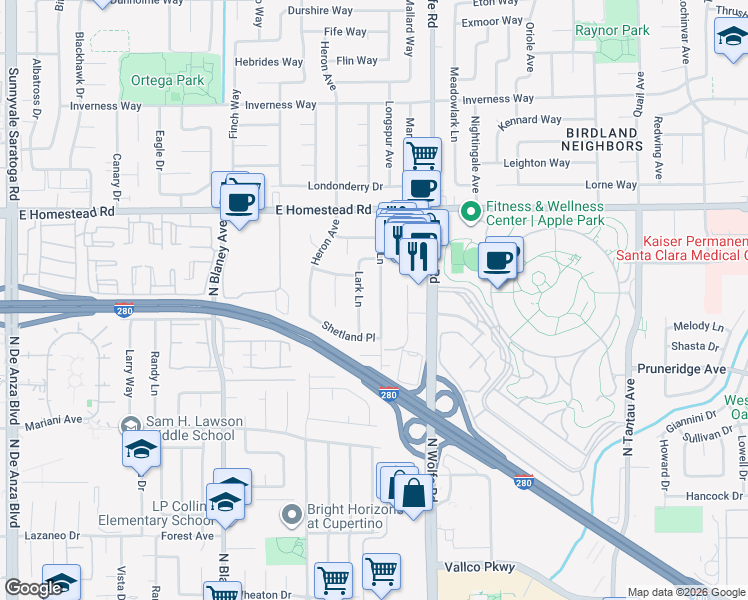 map of restaurants, bars, coffee shops, grocery stores, and more near 1765 Linnet Lane in Sunnyvale