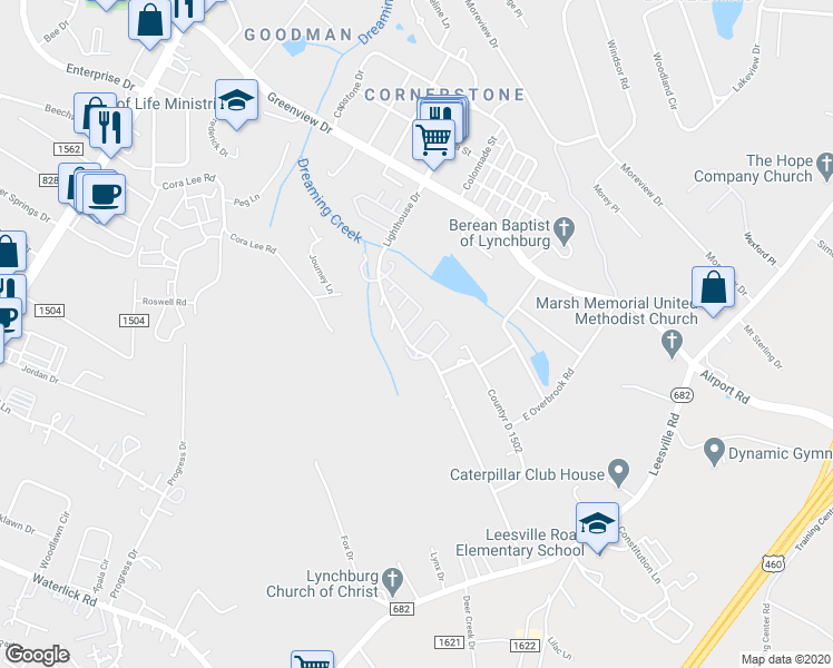 map of restaurants, bars, coffee shops, grocery stores, and more near 26 Cape Charles Square in Lynchburg
