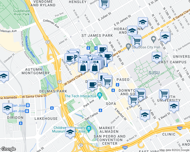 map of restaurants, bars, coffee shops, grocery stores, and more near 60 South Market Street in San Jose