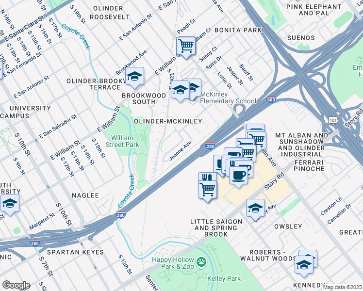 map of restaurants, bars, coffee shops, grocery stores, and more near 722 South 22nd Street in San Jose