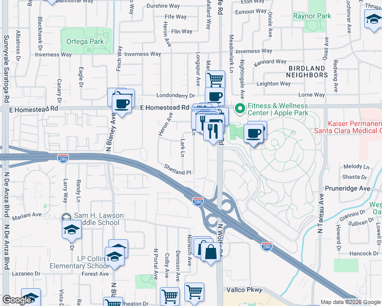map of restaurants, bars, coffee shops, grocery stores, and more near 1765 Linnet Lane in Sunnyvale