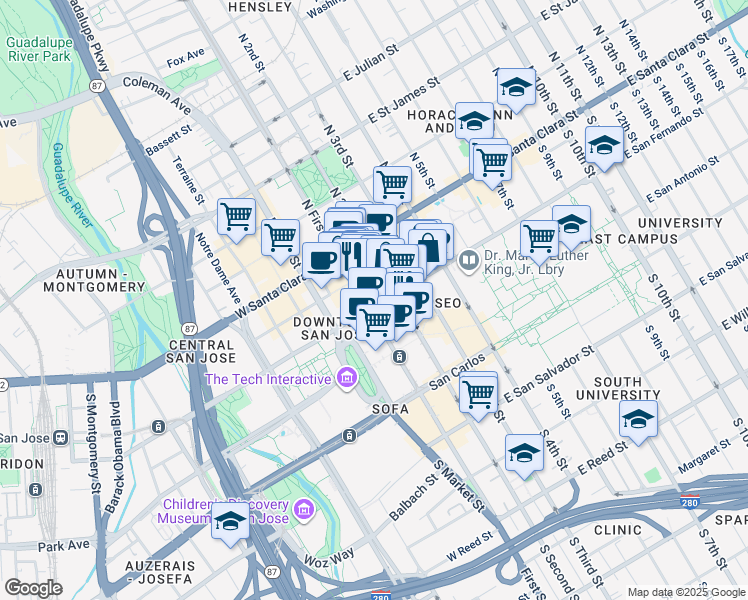 map of restaurants, bars, coffee shops, grocery stores, and more near 97 South 2nd Street in San Jose