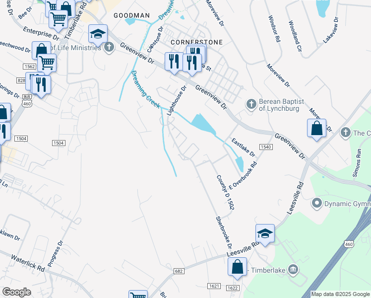 map of restaurants, bars, coffee shops, grocery stores, and more near 28 Cape Charles Square in Lynchburg