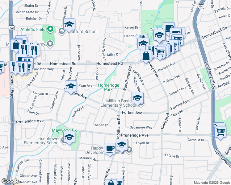map of restaurants, bars, coffee shops, grocery stores, and more near 680 Hamilton Lane in Santa Clara