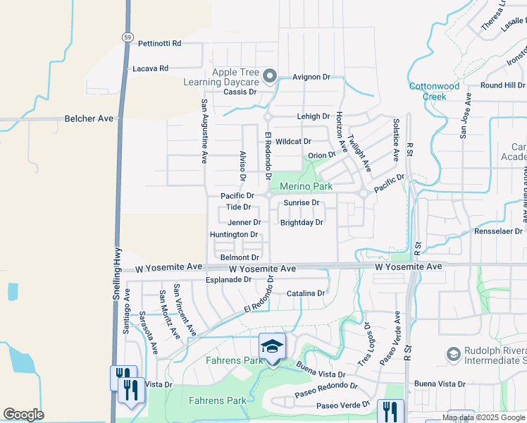 map of restaurants, bars, coffee shops, grocery stores, and more near 3738 Crane Avenue in Merced