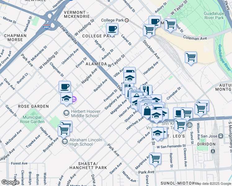 map of restaurants, bars, coffee shops, grocery stores, and more near 1605 The Alameda in San Jose