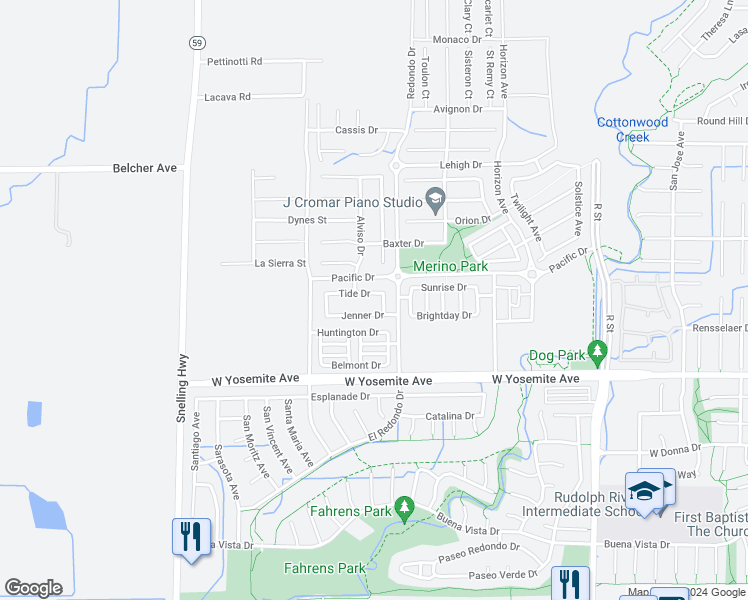 map of restaurants, bars, coffee shops, grocery stores, and more near 1326 Tide Drive in Merced