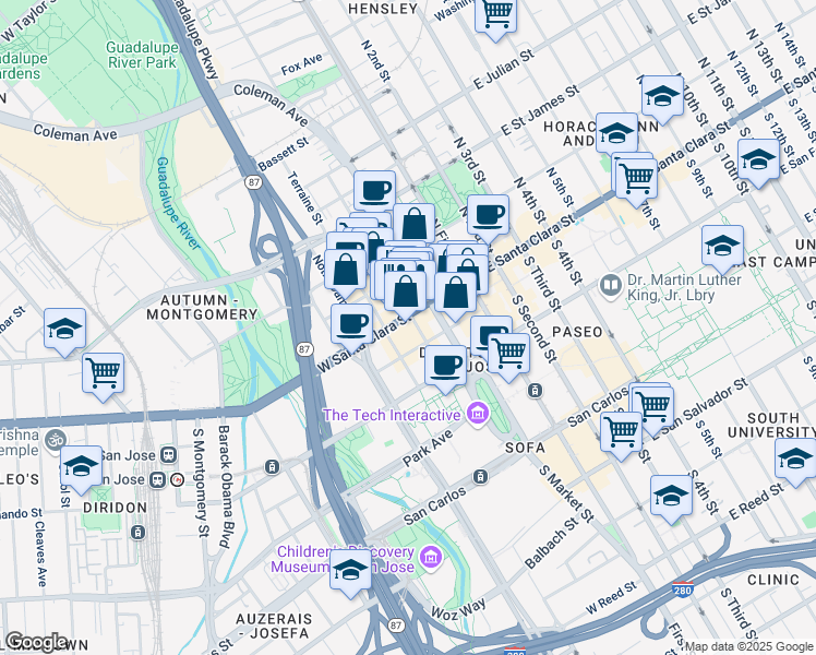 map of restaurants, bars, coffee shops, grocery stores, and more near 142 West Santa Clara Street in San Jose