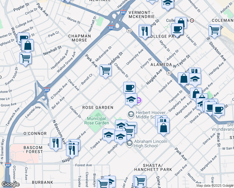map of restaurants, bars, coffee shops, grocery stores, and more near 1801 Park Avenue in San Jose