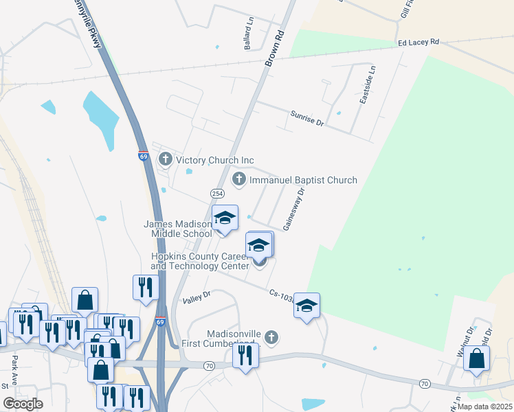 map of restaurants, bars, coffee shops, grocery stores, and more near 780 Glencrest Drive in Madisonville