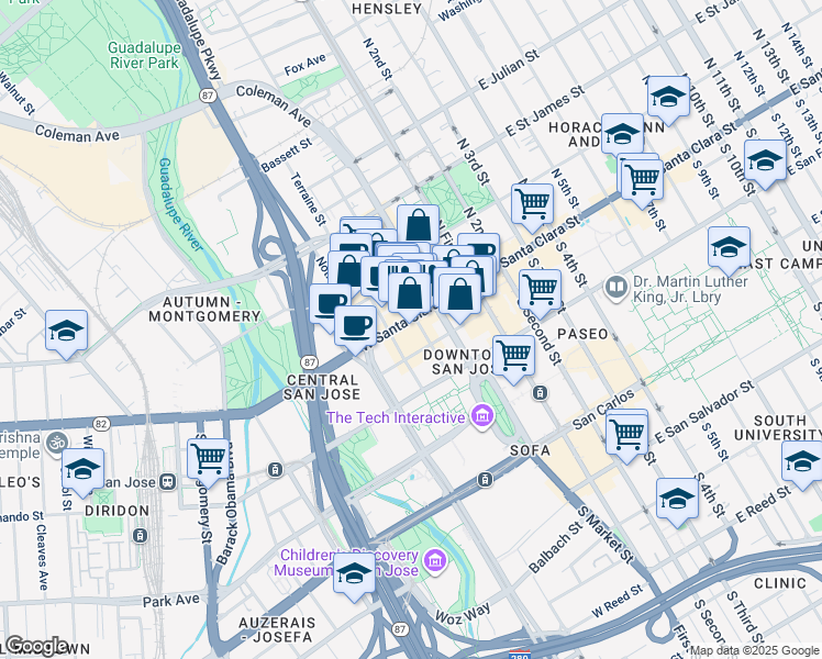 map of restaurants, bars, coffee shops, grocery stores, and more near 160 West Santa Clara Street in San Jose