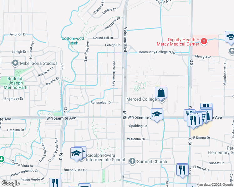 map of restaurants, bars, coffee shops, grocery stores, and more near 616 Cornell Court in Merced