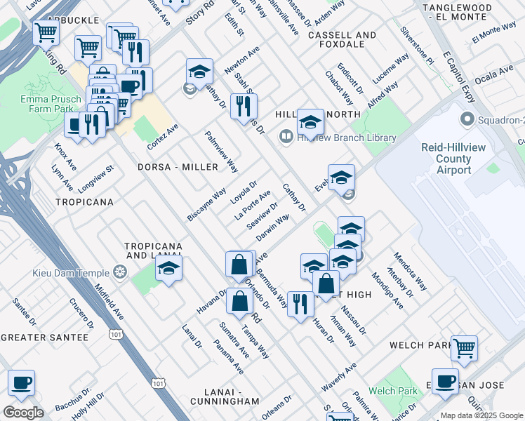 map of restaurants, bars, coffee shops, grocery stores, and more near 1856 La Porte Avenue in San Jose