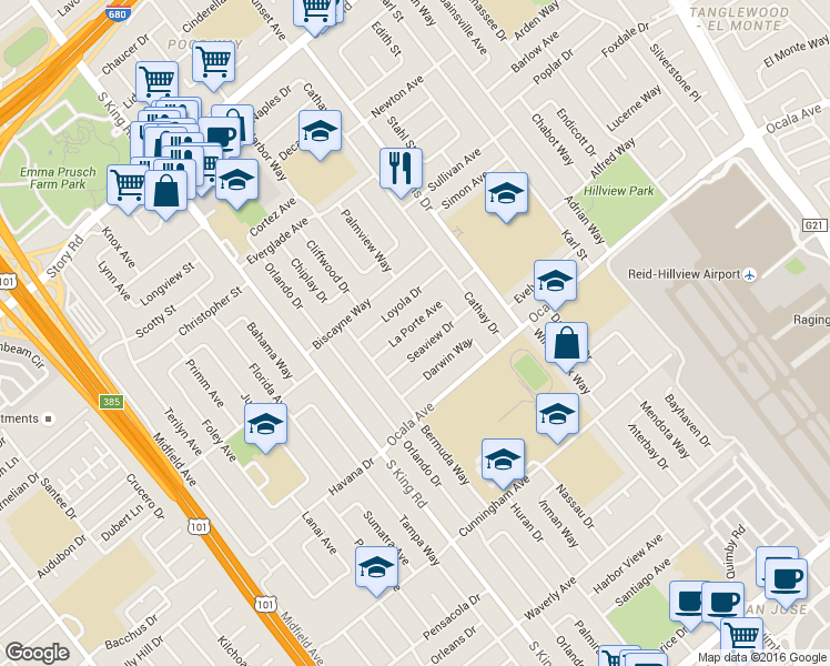 map of restaurants, bars, coffee shops, grocery stores, and more near 1856 La Porte Avenue in San Jose