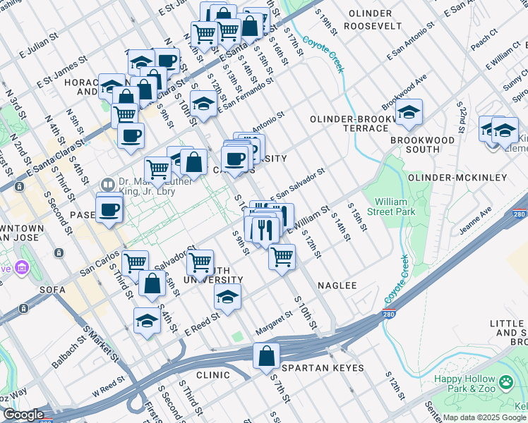 map of restaurants, bars, coffee shops, grocery stores, and more near 406 South 11th Street in San Jose